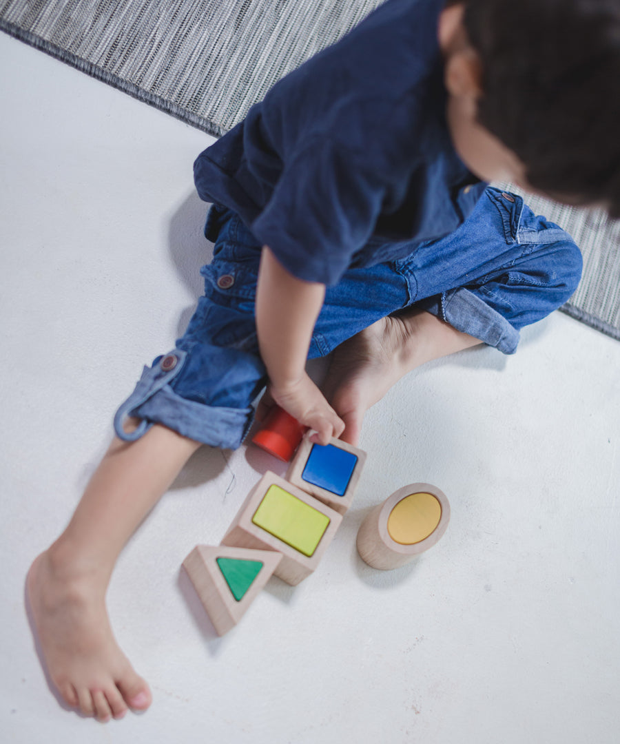 A child sitting on a floor playing with the PlanToys Geo Matching Blocks. 