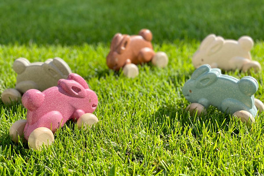 Plan toys eco-friendly wooden rolling bunny toys laid out in a circle on some bright green grass