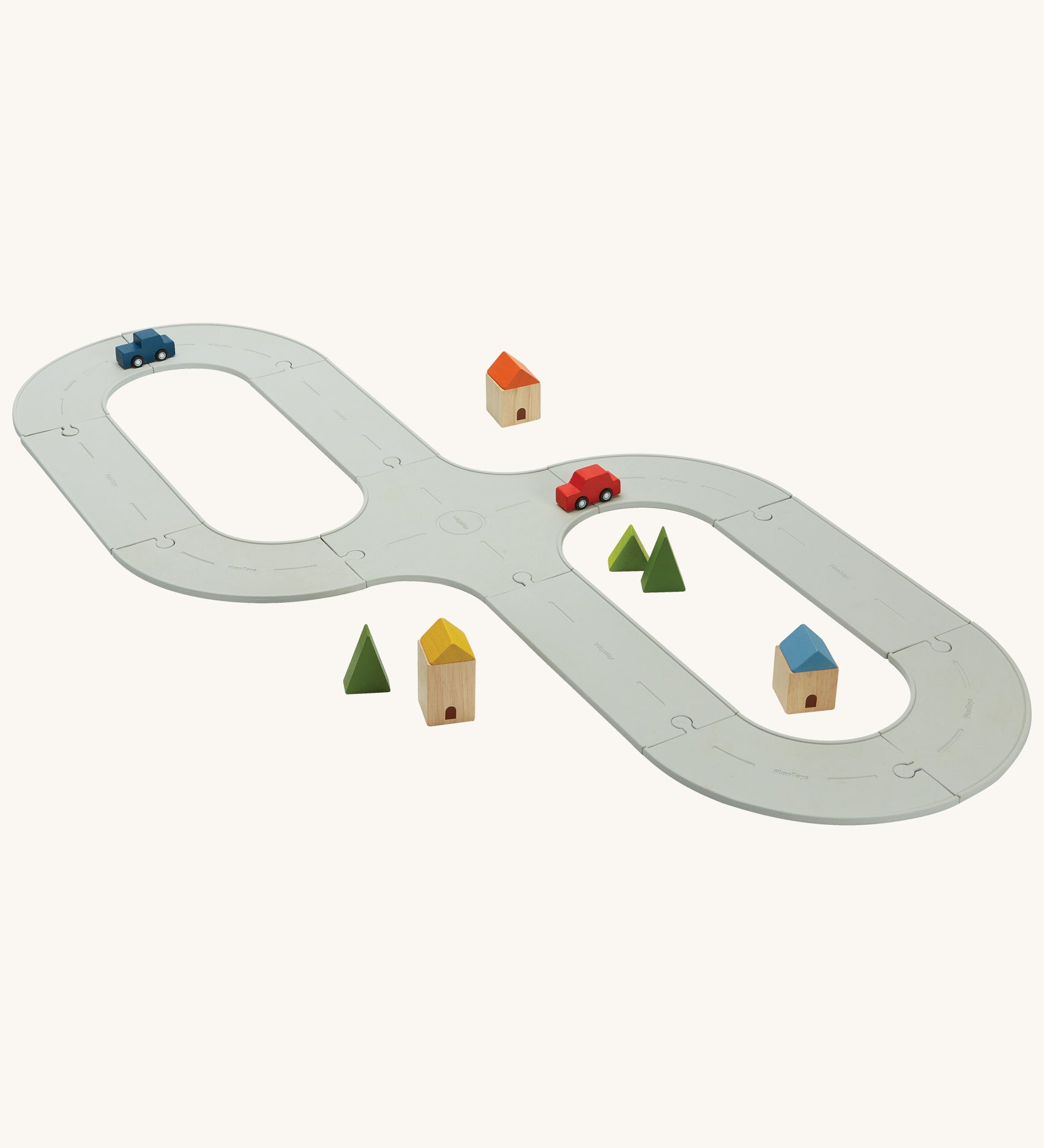 PlanToys Rubber Road and Rail Set on a plain background. 