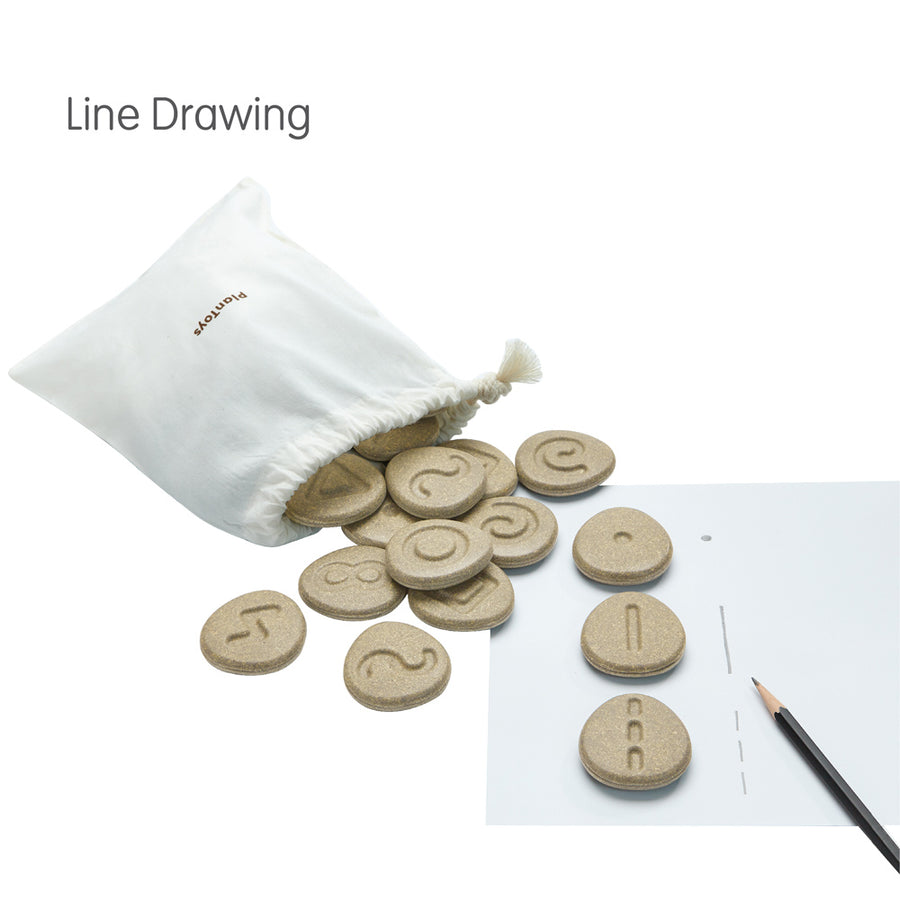 Pencil and paper next to a white drawstring bag