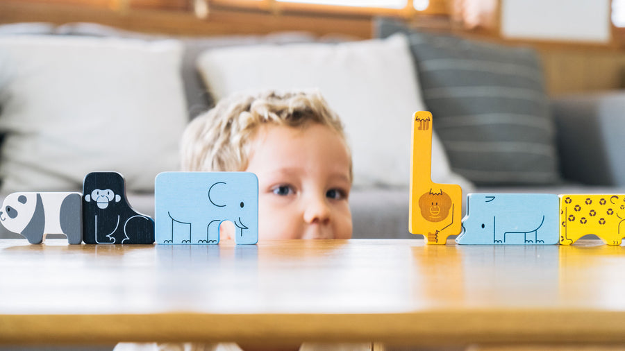 The animal pieces from the PlanToys Animal Puzzle Game
lined up on a wooden surface, a child can be seen Peering through a cap in the middle. 