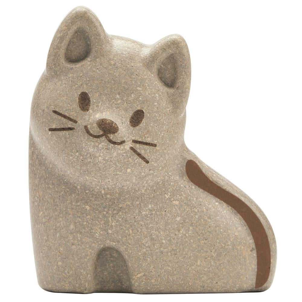 The grey cat from the PlanToys Cat Puzzle on a plain background. 