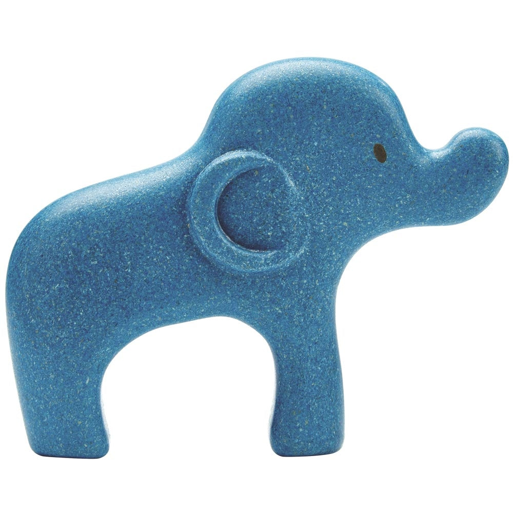 The small blue elephant from the The PlanToys Elephant Puzzle on a plain background. 