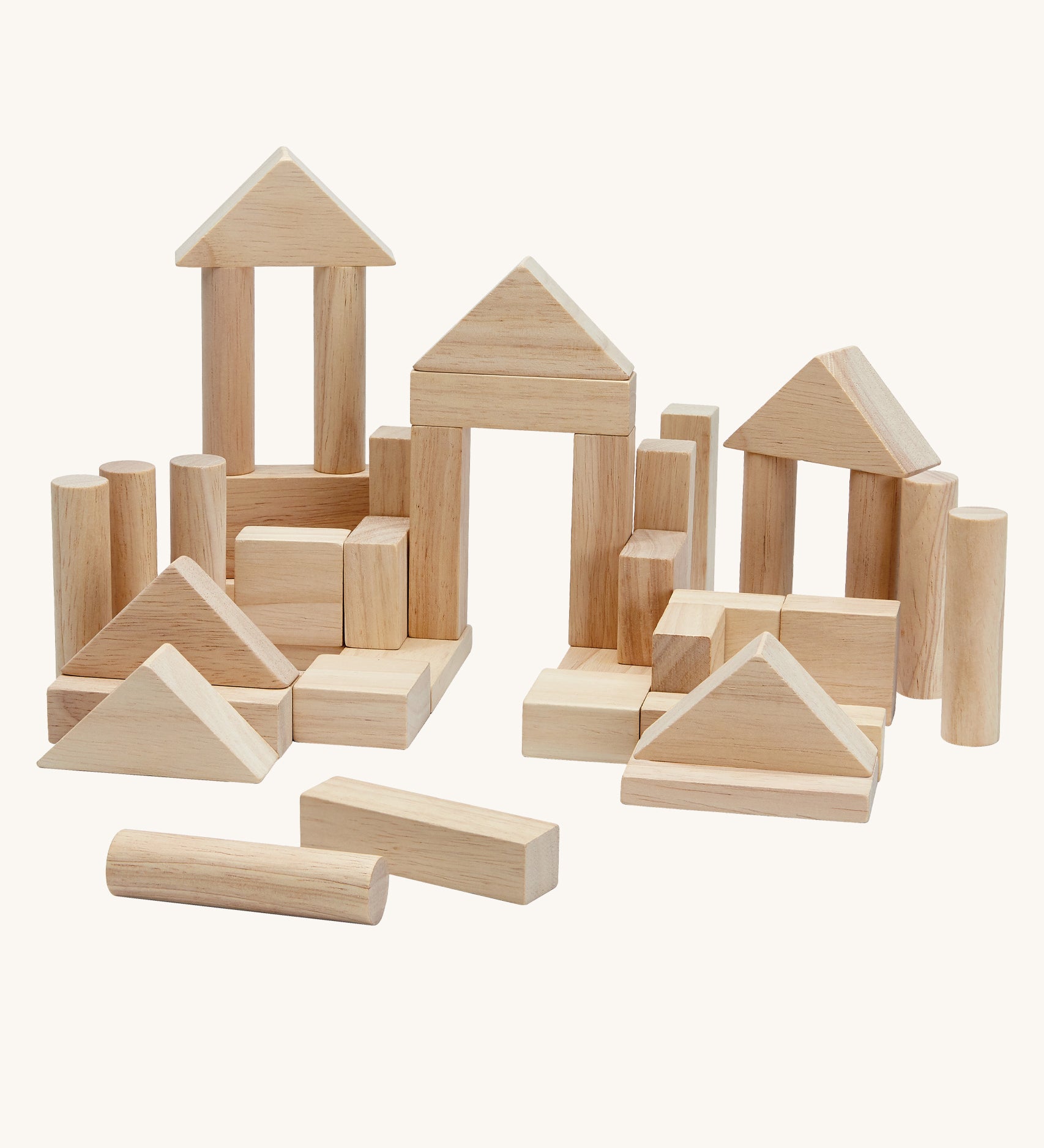 The PlanToys natural block set on a plain background. The blocks are shown without the packaging. 