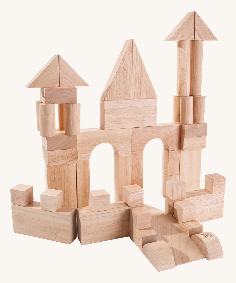 The PlanToys natural wooden 50 Unit Blocks on a plain background. 