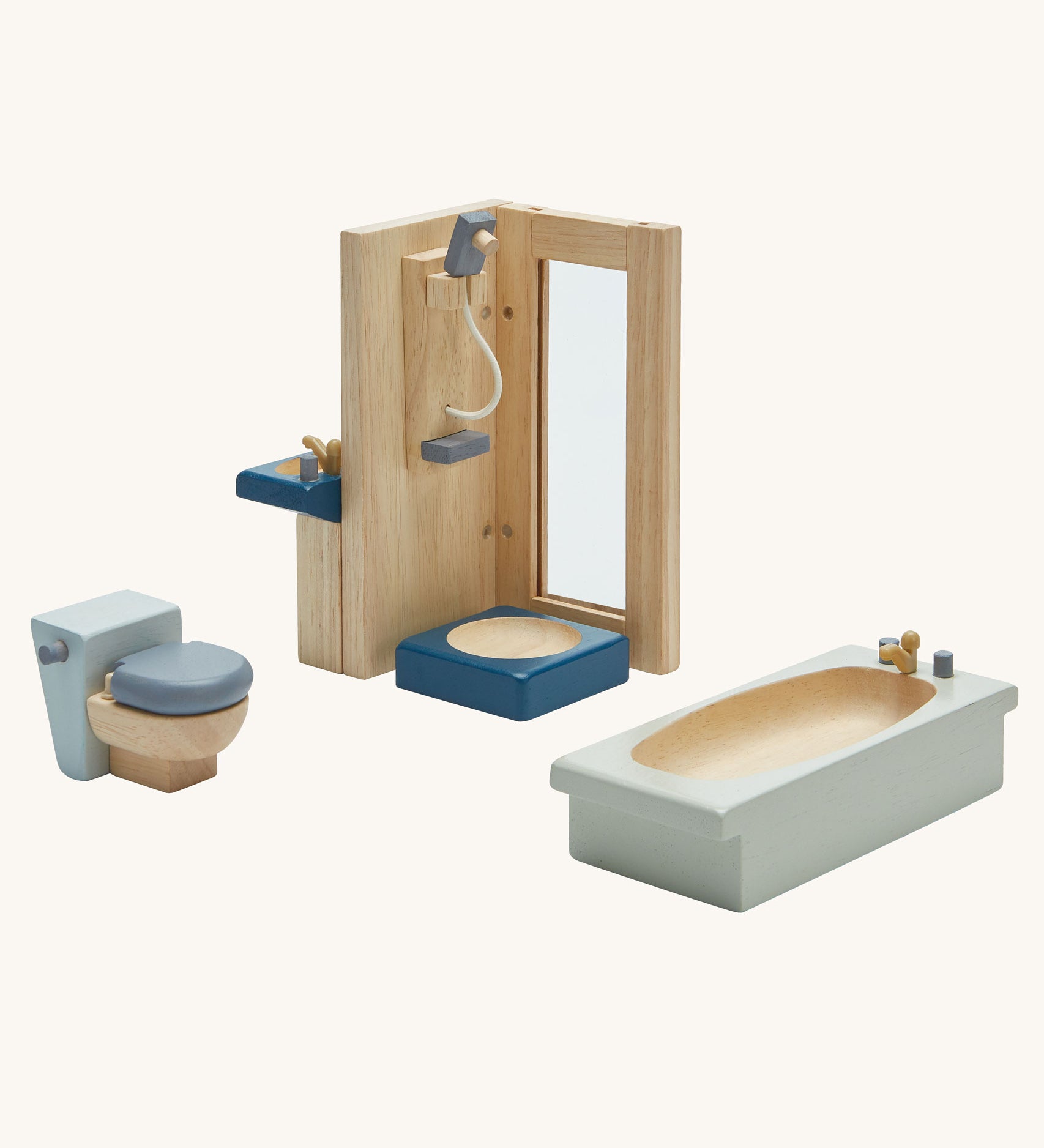 The PlanToys Bathroom Dolls House Furniture set on a plain background. 