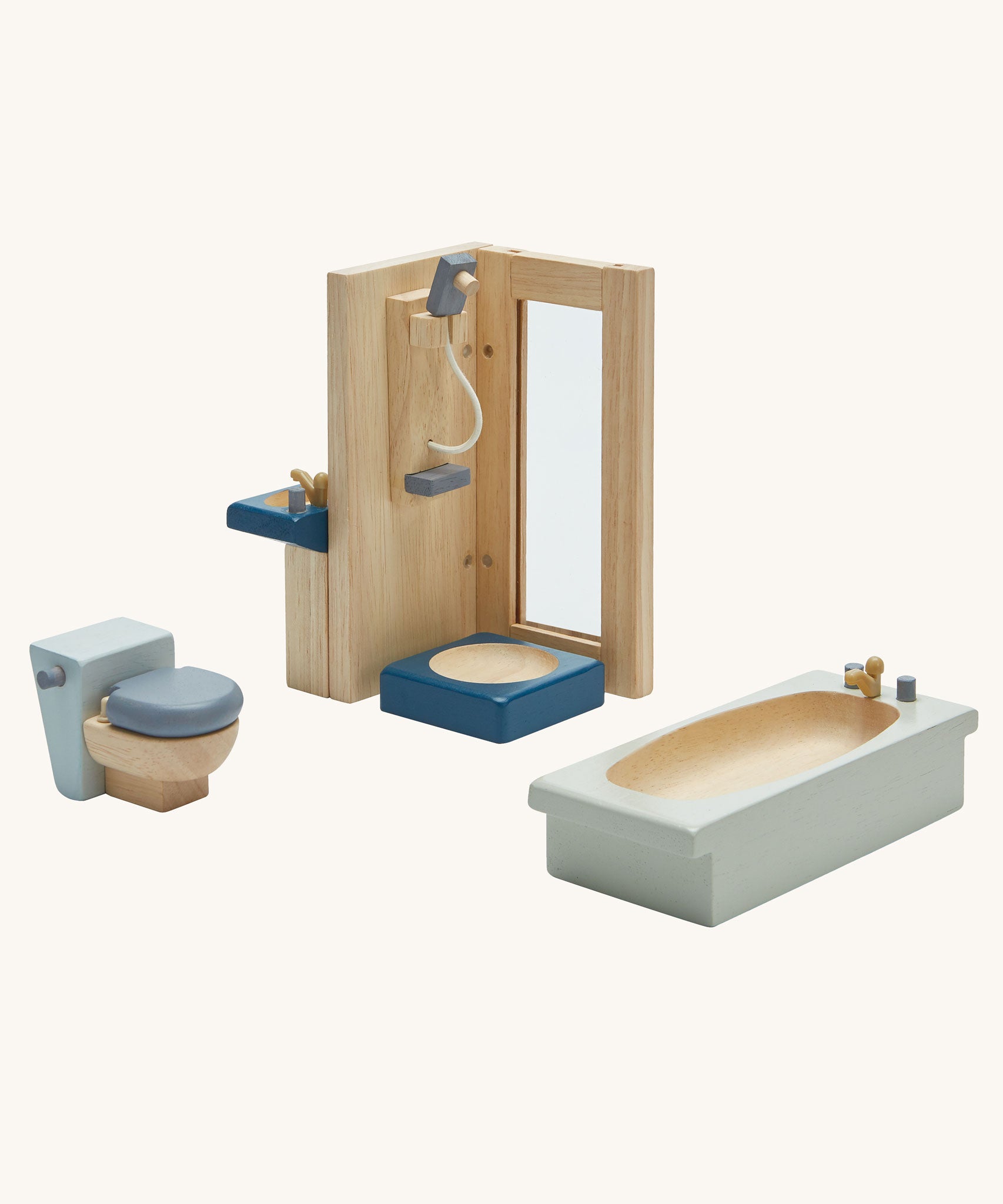 The PlanToys Bathroom Dolls House Furniture set on a plain background. 