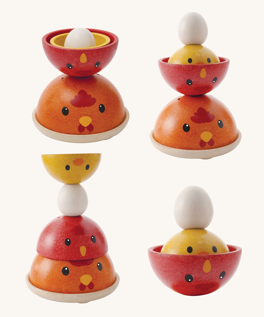 The PlanToys Chicken Nesting toy shown stacked in different ways  on a plain background. 