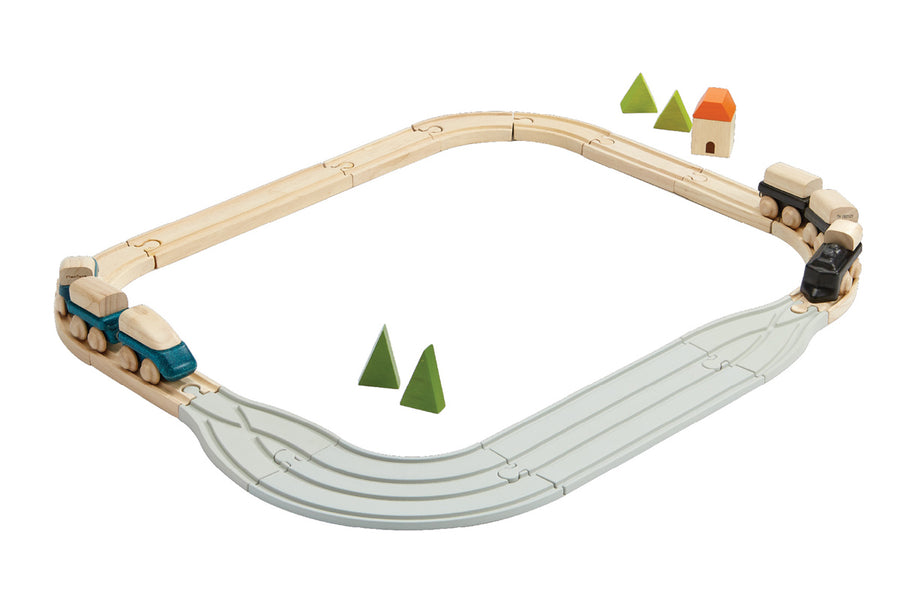 PlanToys wooden and rubber road and rail toy set