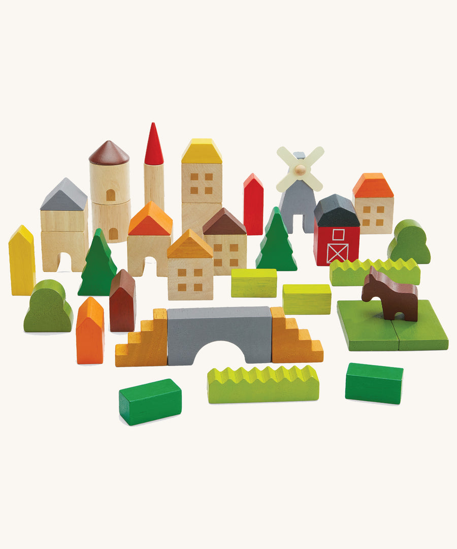 The PlanToys Countryside Blocks Set on a plain background. 
