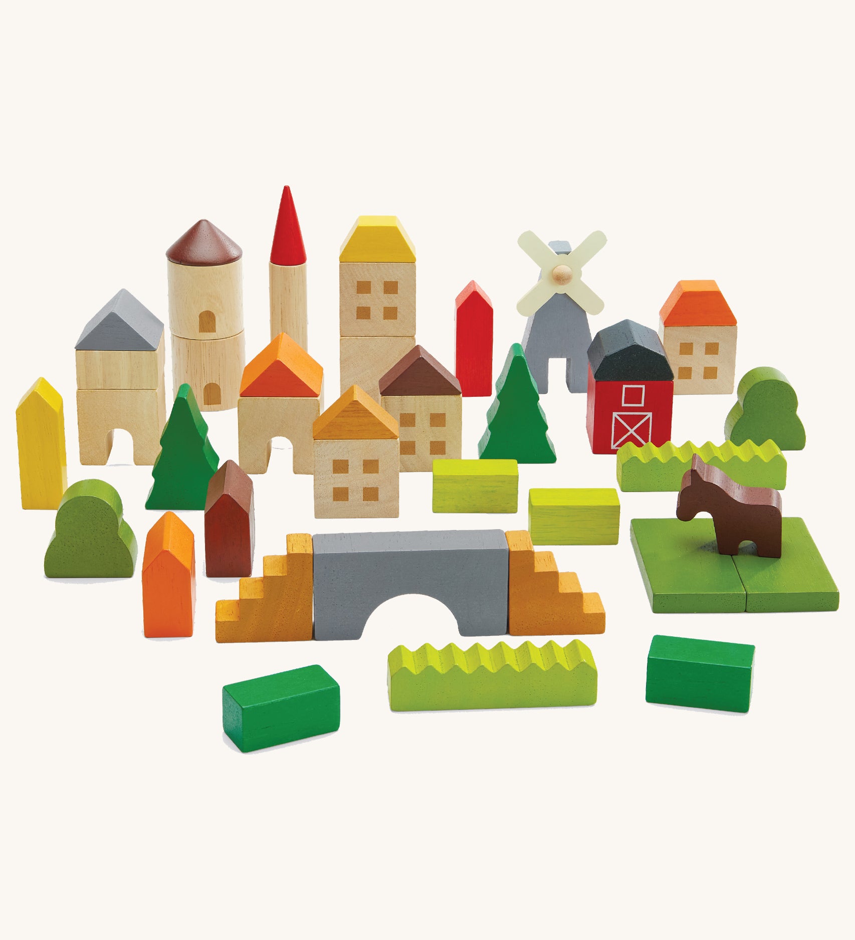 The PlanToys Countryside Blocks Set on a plain background. 
