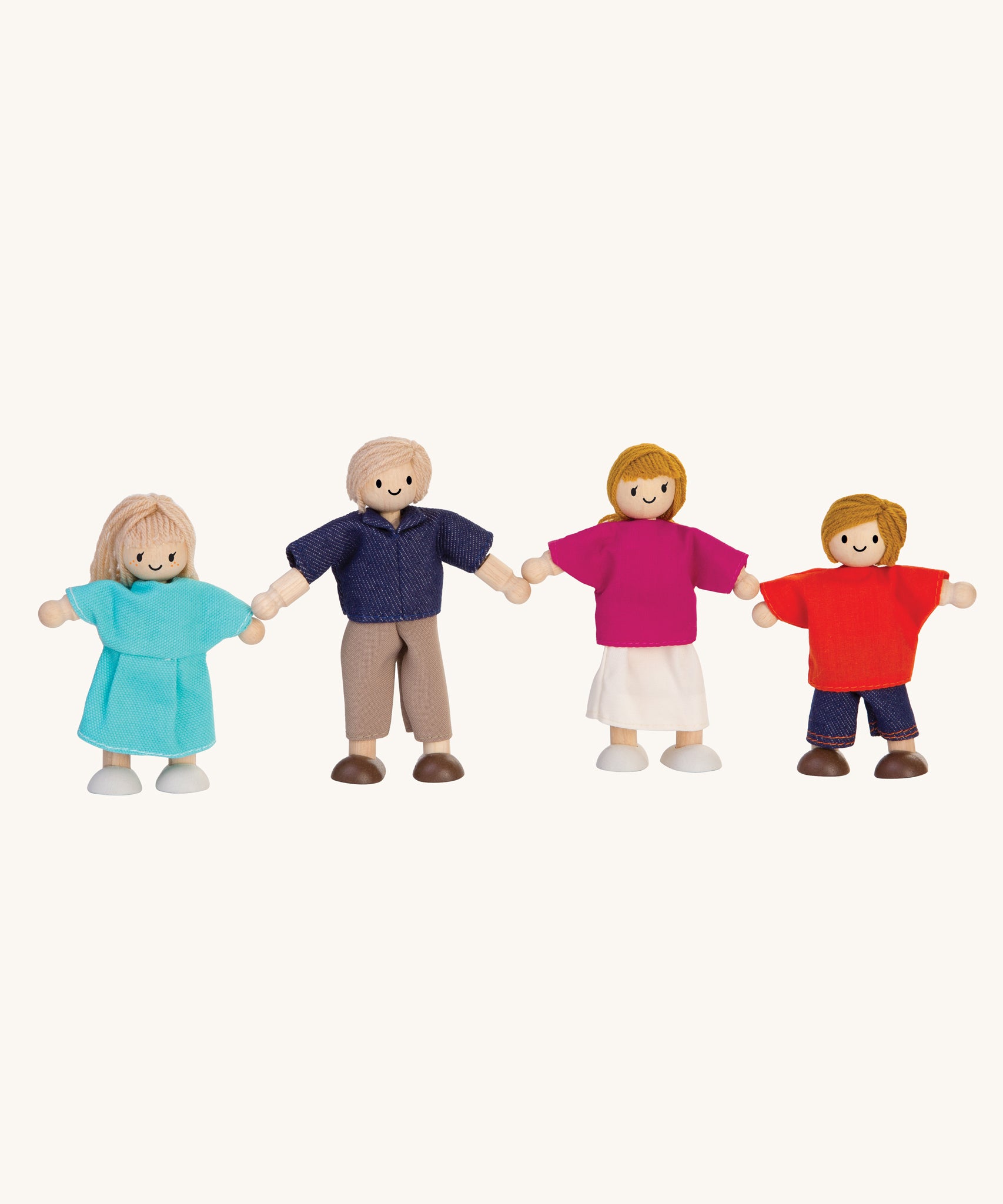 PlanToys Dolls House Family with White Skin and Blonde Hair on a plain background. 