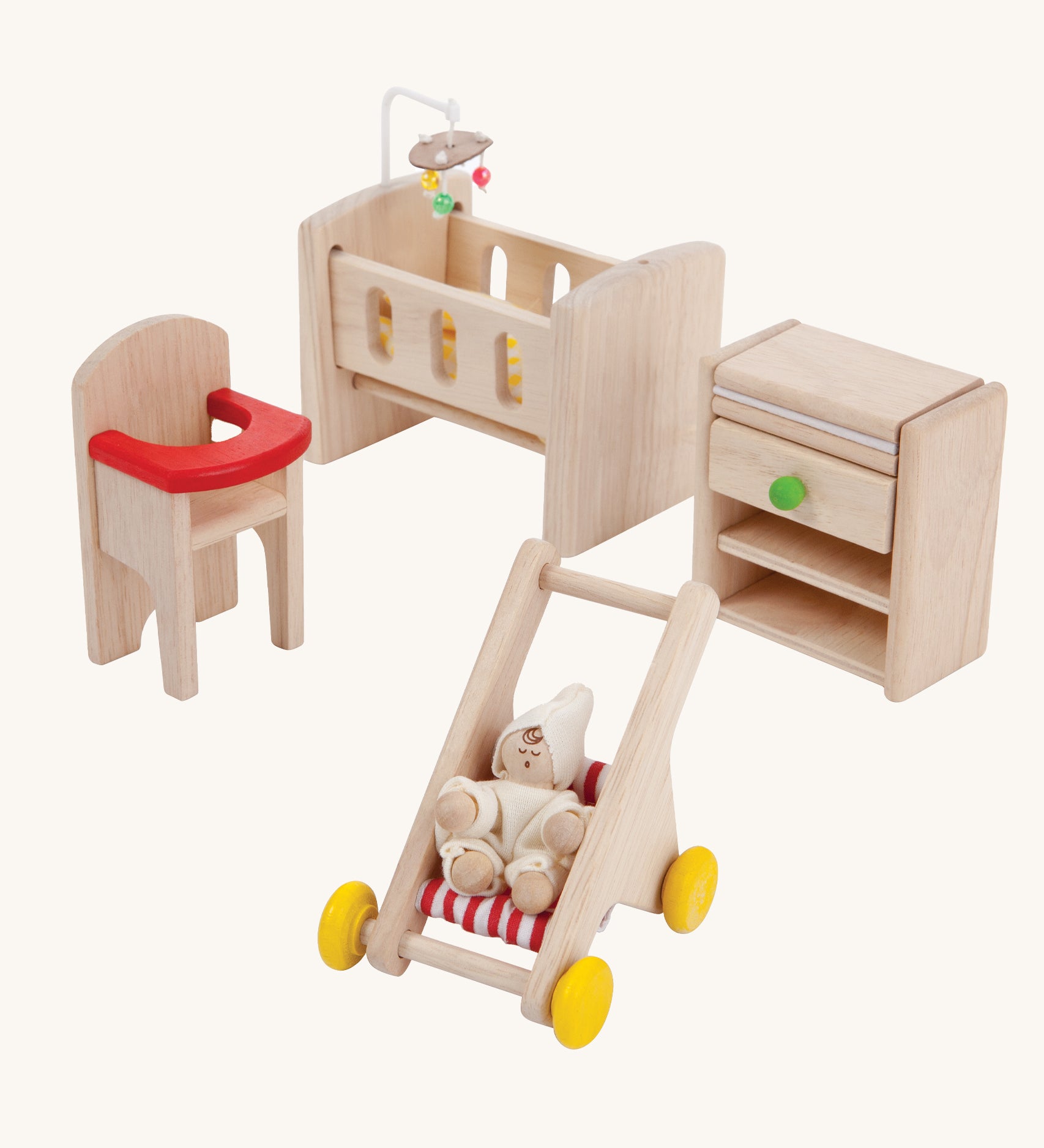 PlanToys Wooden Dolls House Nursery Furniture Set on a plain background. 