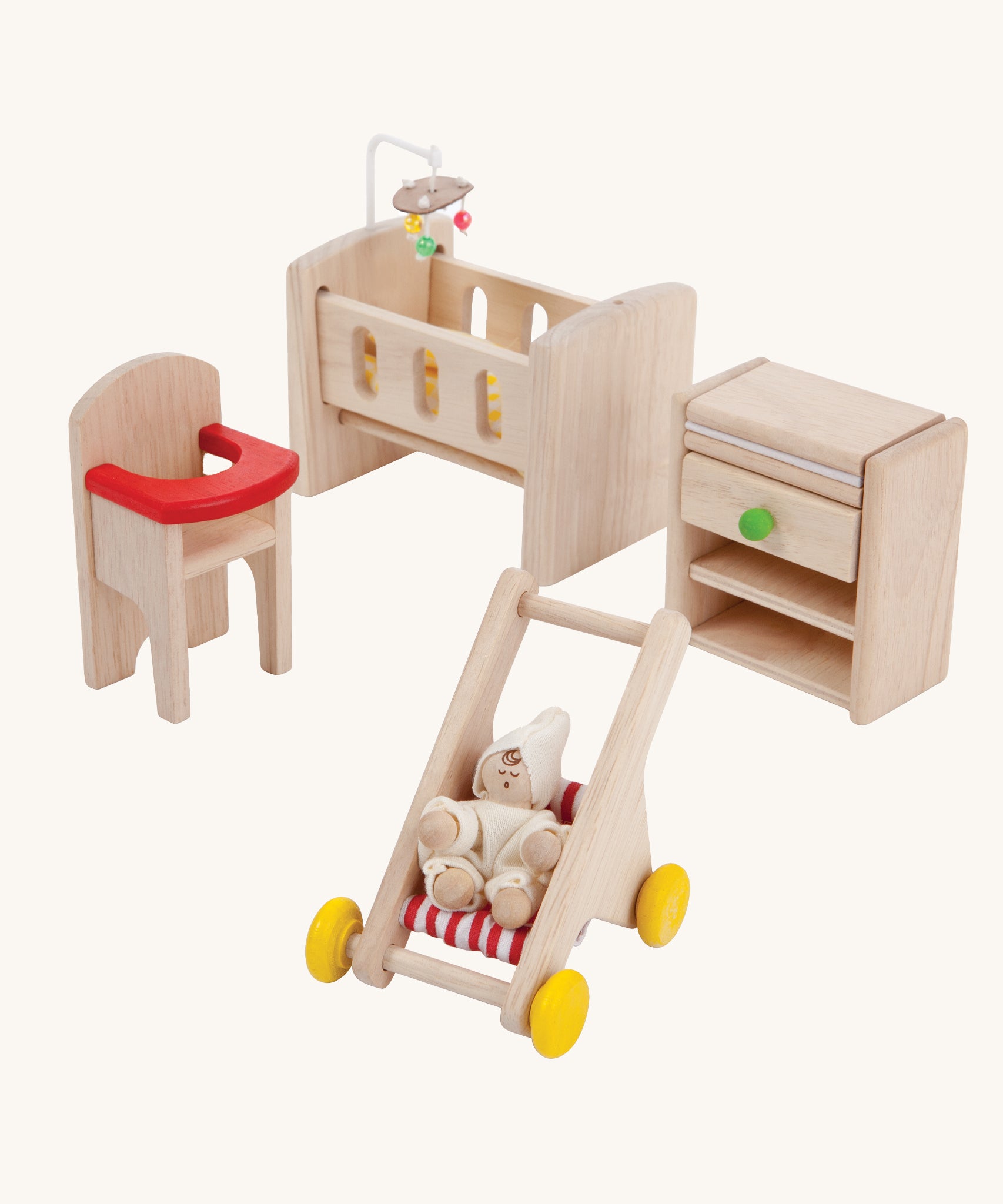 PlanToys Wooden Dolls House Nursery Furniture Set on a plain background. 