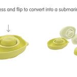 Infographic showing how to turn the PlanToys convertible boat into a submarine toy