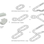 Diagrams showing how the PlanToys soft rubber road and rail mixed extension pieces can be incorporated with the PlanToys rubber road and rail sets