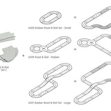 Diagrams showing how the PlanToys soft rubber road and rail mixed extension pieces can be incorporated with the PlanToys rubber road and rail sets