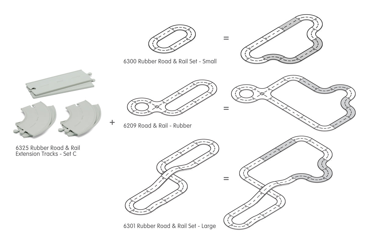 Diagrams showing how the PlanToys soft rubber road and rail mixed extension pieces can be incorporated with the PlanToys rubber road and rail sets