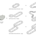 Diagrams showing how the PlanToys flexible rubber road curves can be added into the PlanToys rubber road and rail sets