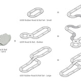 Diagrams showing how the PlanToys flexible rubber road curves can be added into the PlanToys rubber road and rail sets