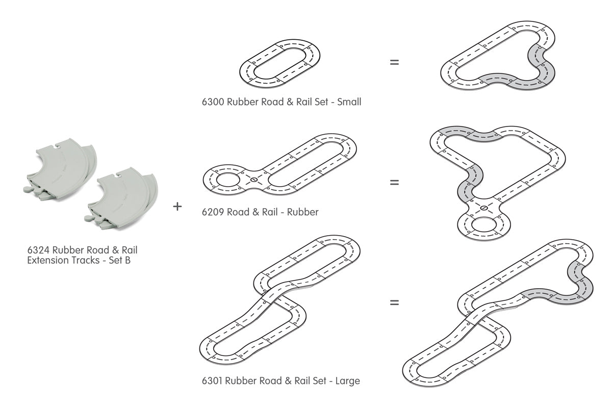 Diagrams showing how the PlanToys flexible rubber road curves can be added into the PlanToys rubber road and rail sets