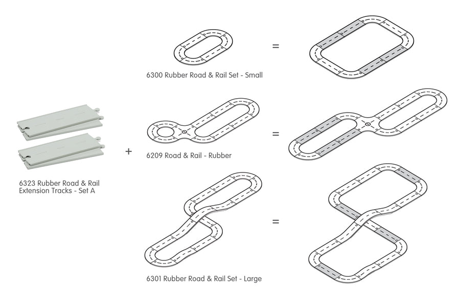 Diagram showing how the PlanToys extension straights can be incorporated with the PlanToys rubber road and rail sets