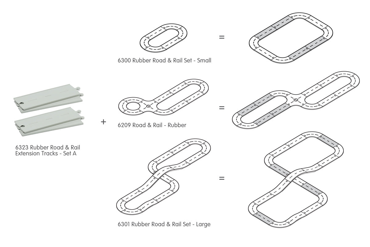 Diagram showing how the PlanToys extension straights can be incorporated with the PlanToys rubber road and rail sets