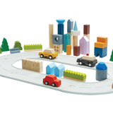 PlanToys eco-friendly wooden city blocks and rubber road set on a white background in a small town scene