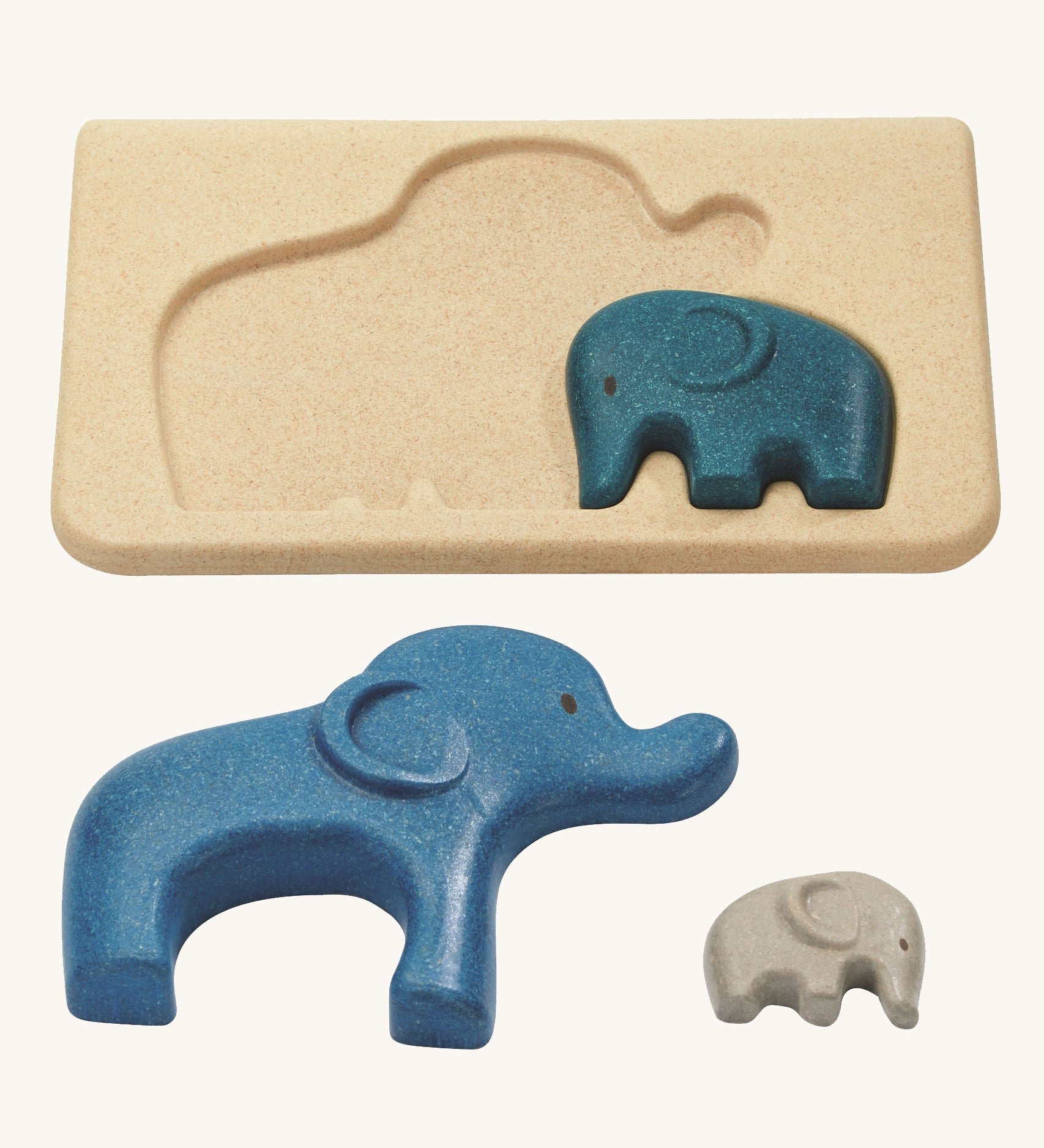 The PlanToys Elephant Puzzle on a plain background. The largest and smallest elephants have been taken out of the puzzle base. 