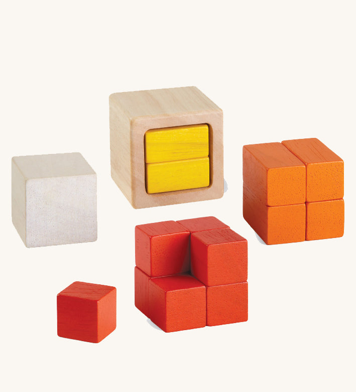 PlanToys Fractions Cubes on a plain background. The cubes are shown out of their packaging. 