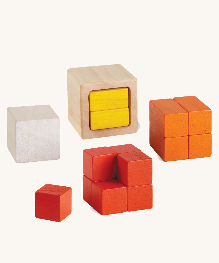 PlanToys Fractions Cubes on a plain background. The cubes are shown out of their packaging. 