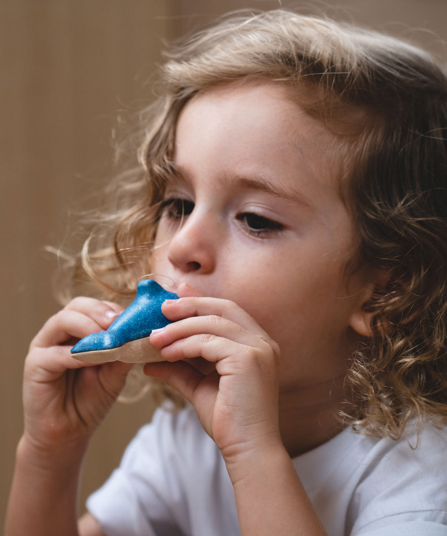 Child blowing through the PlanToys Wooden Dolphin Whistle Toy.