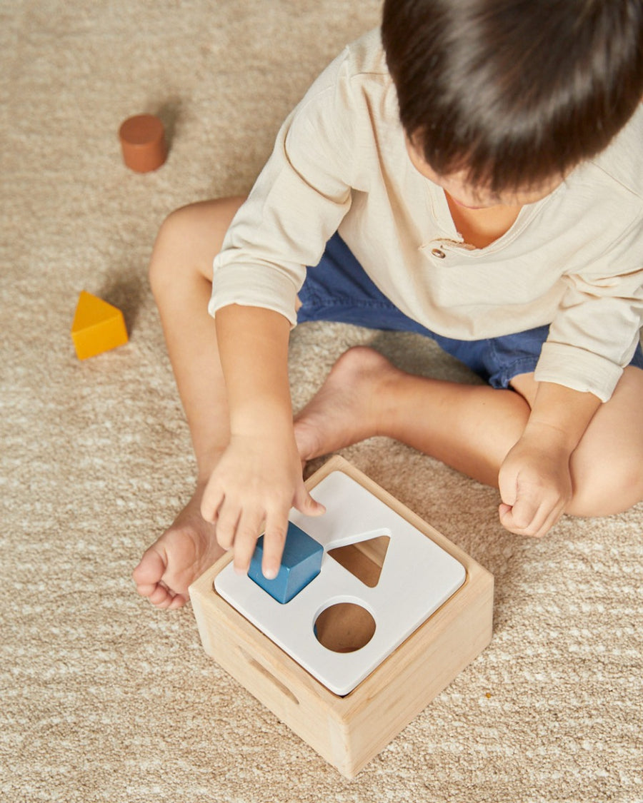 Close up of a child putting a blue wooden cube toy into the PlanToys plastic-free orchard shape sorter