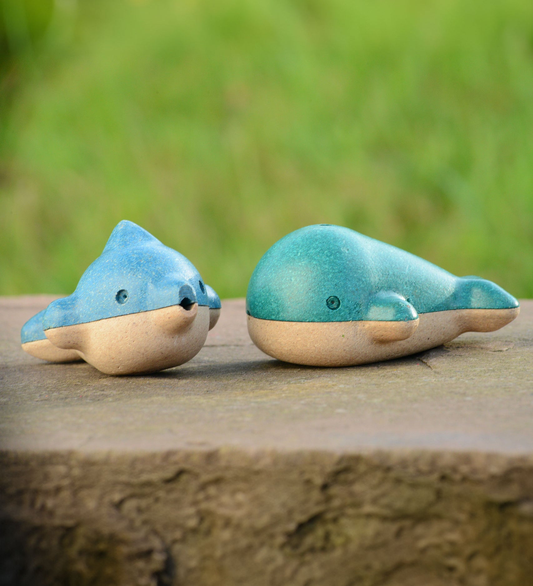 PlanToys Wooden Dolphin Whistle Toy next to the Whale Whistle on a stone wall with grass background.