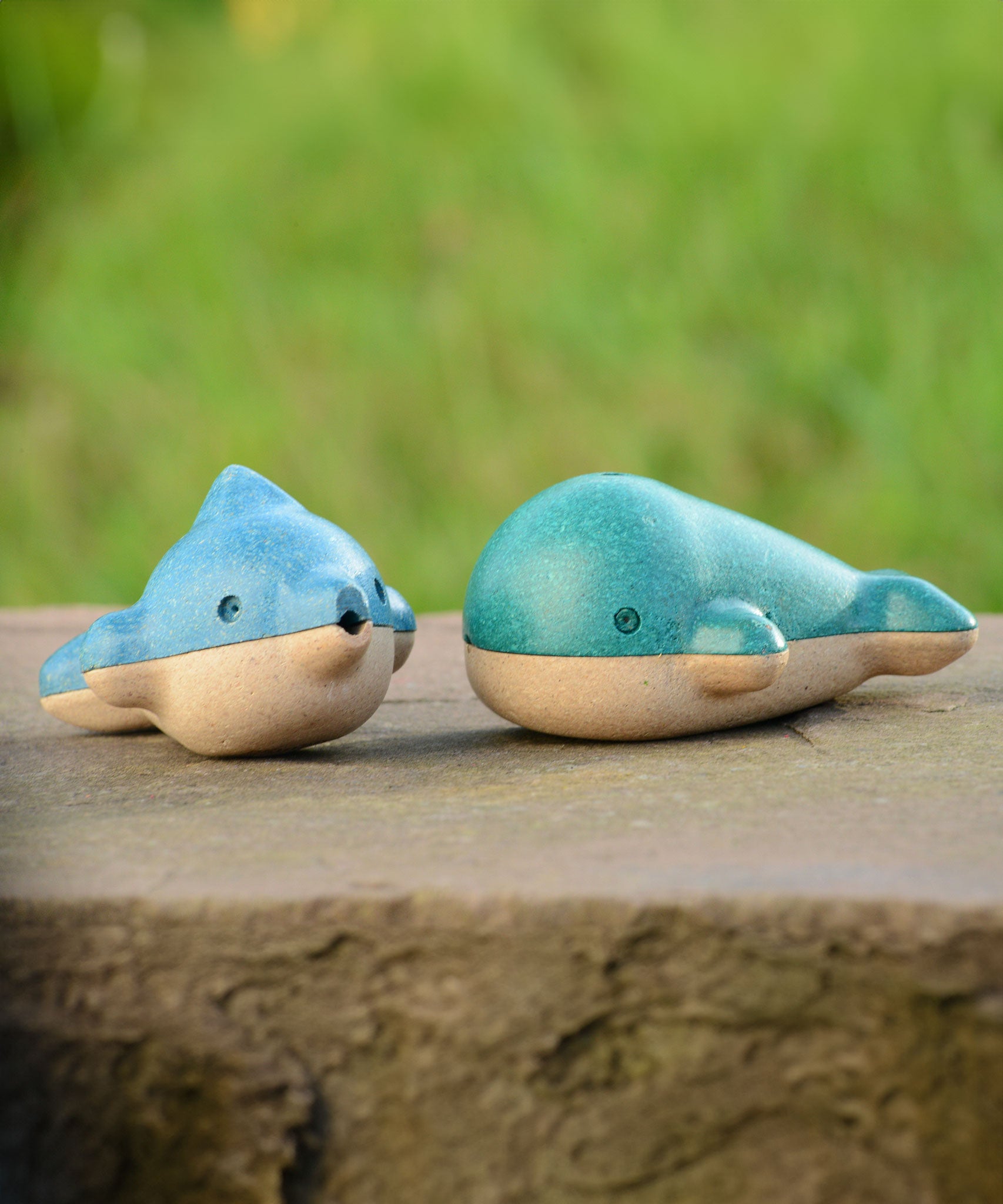 PlanToys Wooden Dolphin Whistle Toy next to the Whale Whistle on a stone wall with grass background.