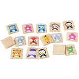 Pieces from the PlanToys kids plastic-free animal memory game laid out on a white background.