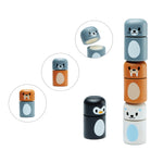 Infographic showing how the PlanToys arctic animals matching blocks can be stacked and swapped with the velcro tabs