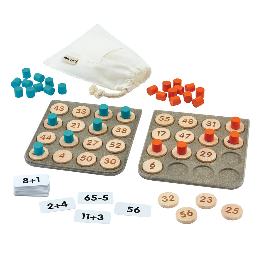 PlanToys plastic-free bingo board game laid out next to its drawstring bag on a white background