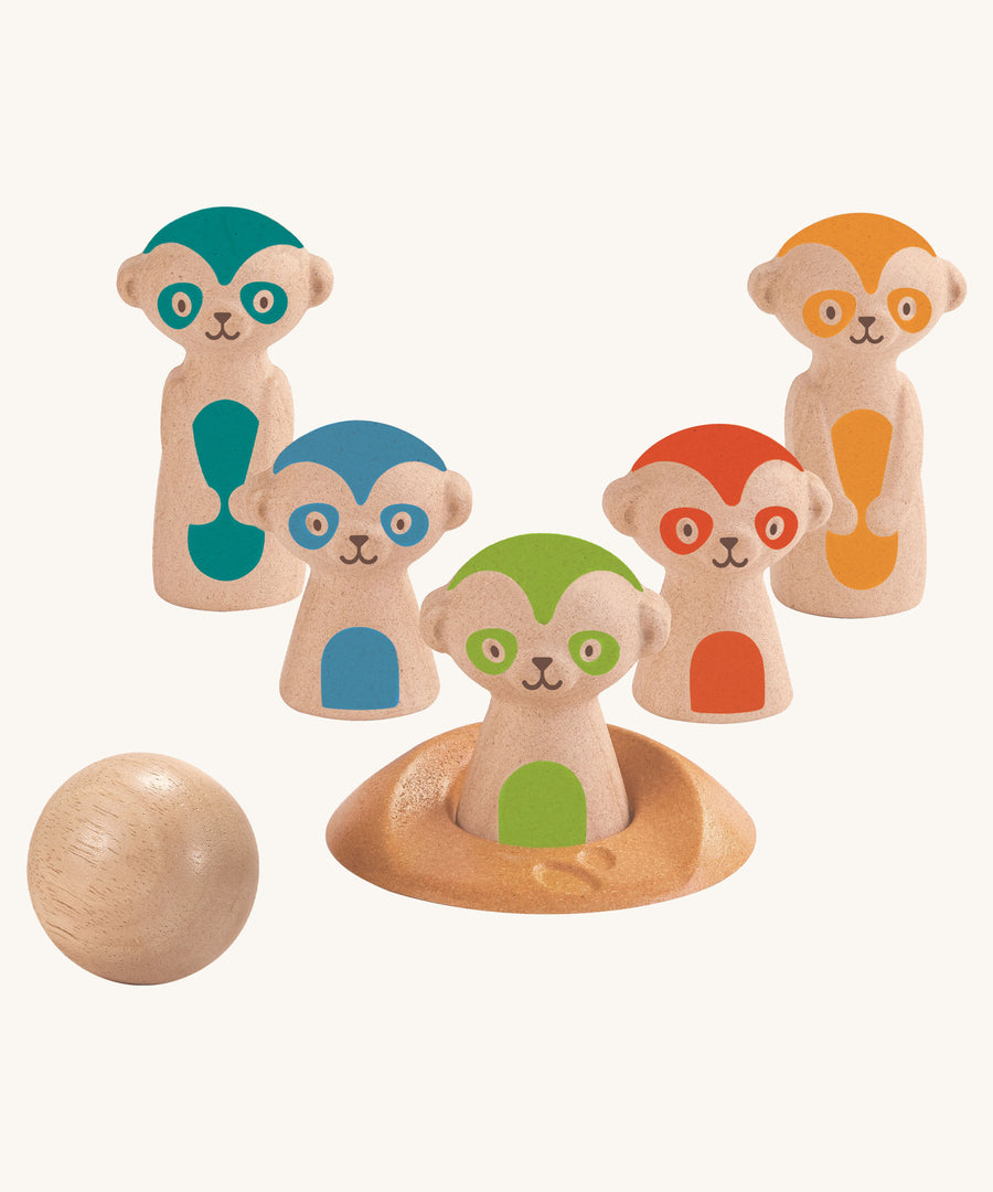 The PlanToys Meerkat Bowling Set on a plain background. 