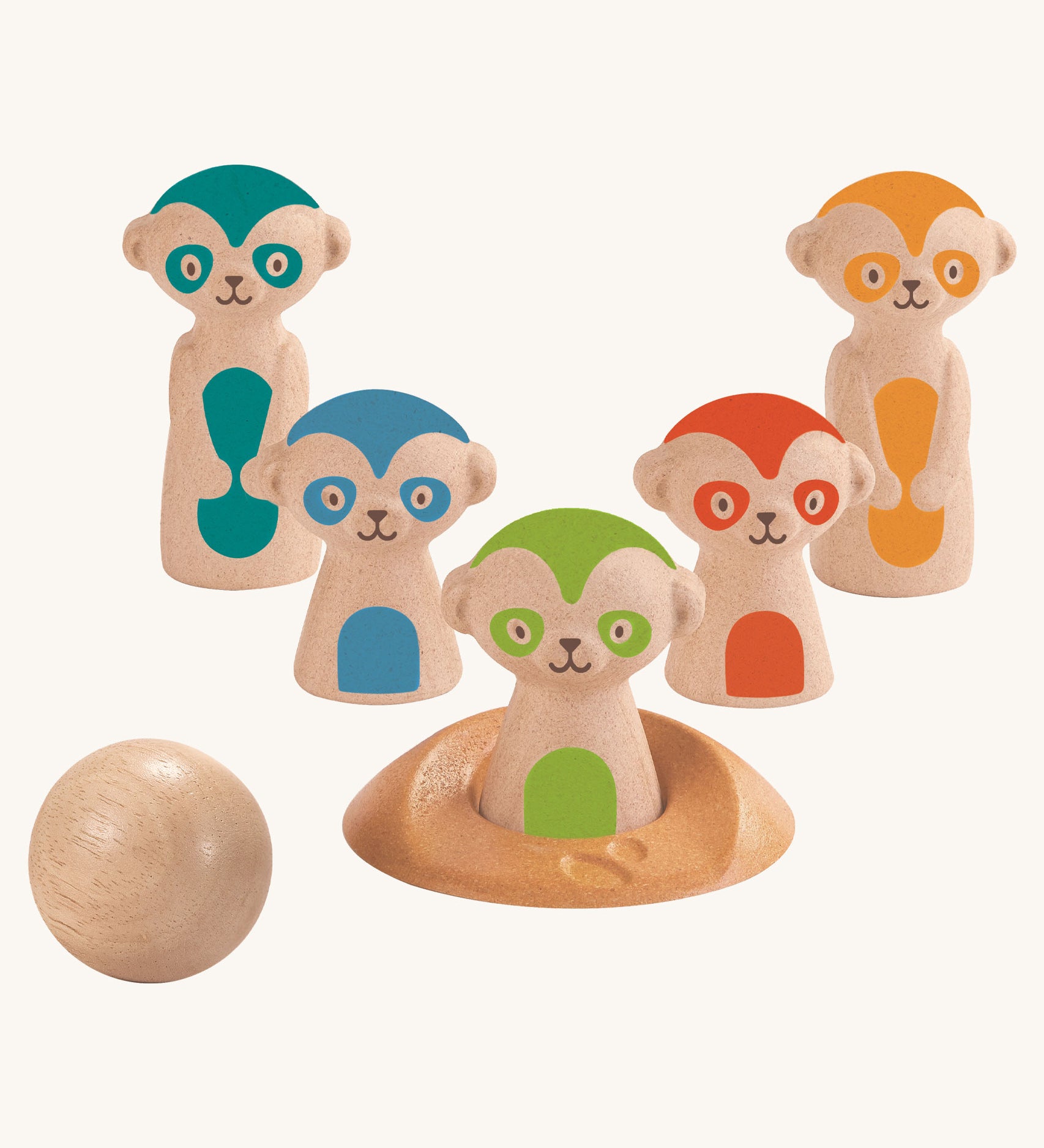 The PlanToys Meerkat Bowling Set on a plain background. 