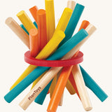 PlanToys Mini Pick-Up Sticks on a plain background. The sticks are all bundled together. 
