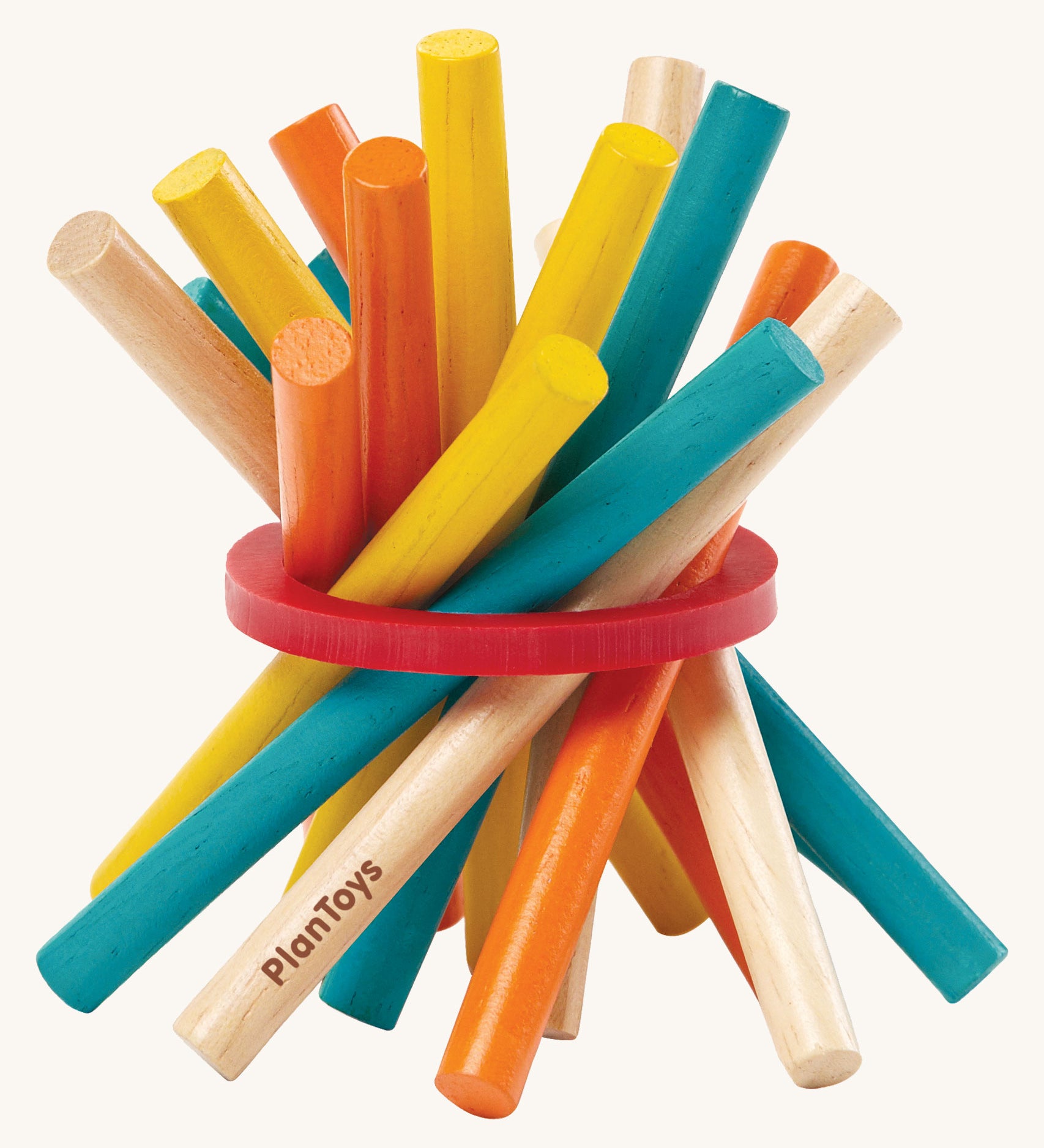 PlanToys Mini Pick-Up Sticks on a plain background. The sticks are all bundled together. 
