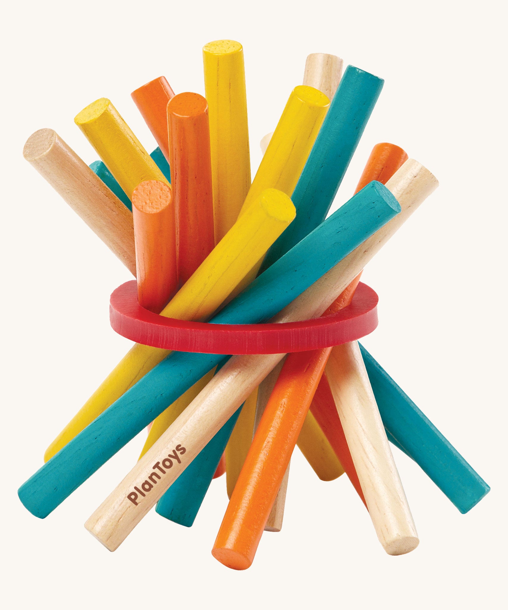 PlanToys Mini Pick-Up Sticks on a plain background. The sticks are all bundled together. 
