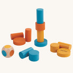 The PlanToys Mini Stacking Game on a plain background. The pieces are out of the packaging. 