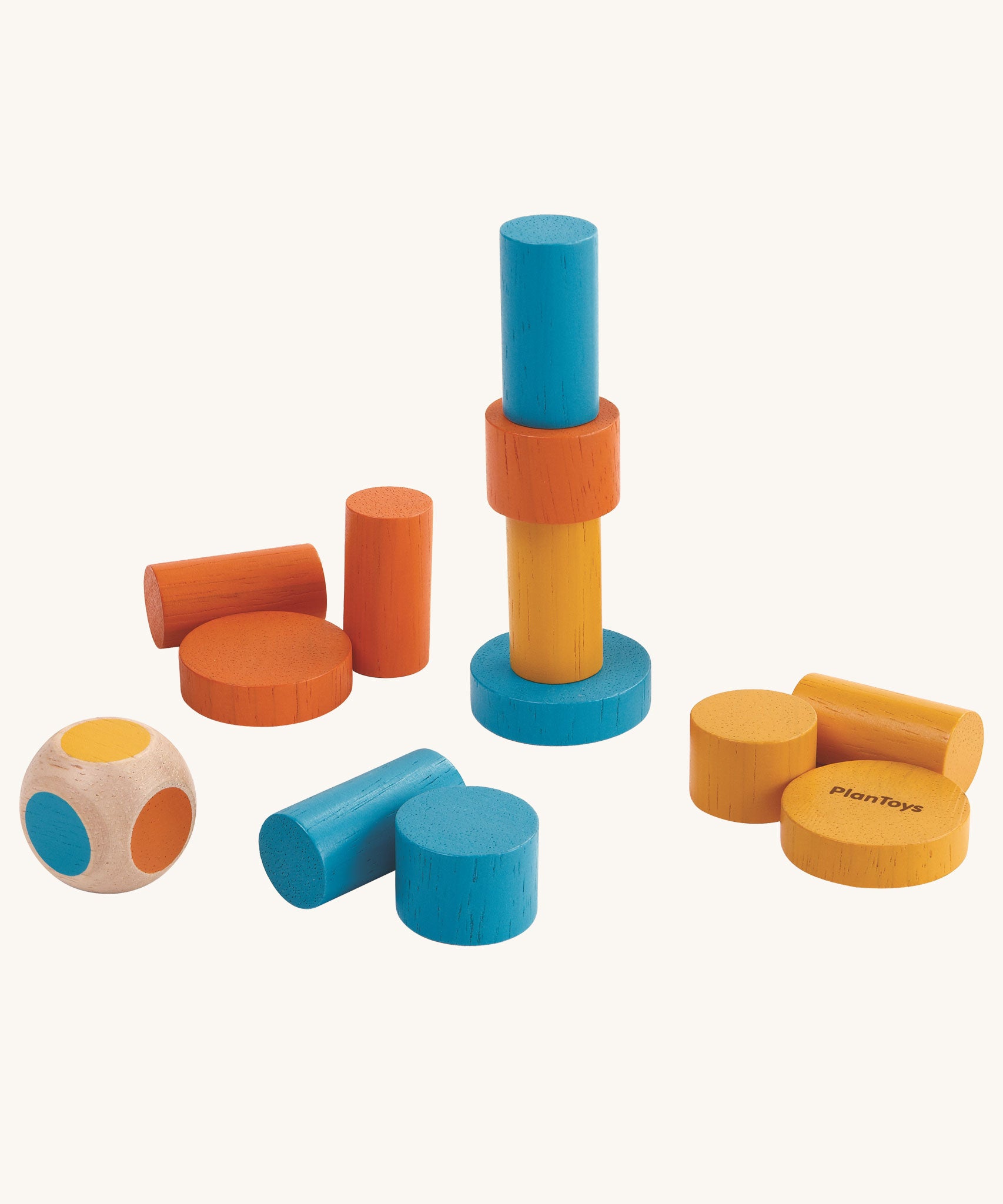 The PlanToys Mini Stacking Game on a plain background. The pieces are out of the packaging. 