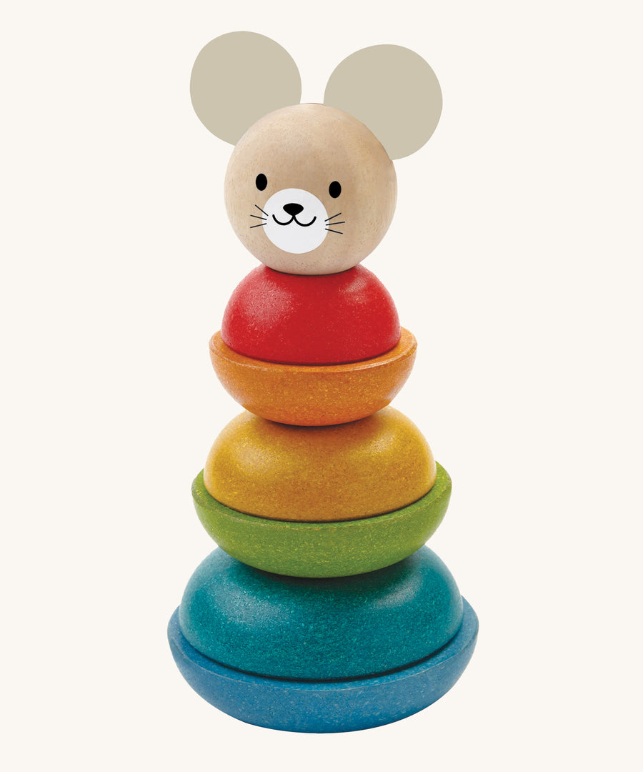 PlanToys Wooden Mouse Stacking Rings Toy on a plain background. 