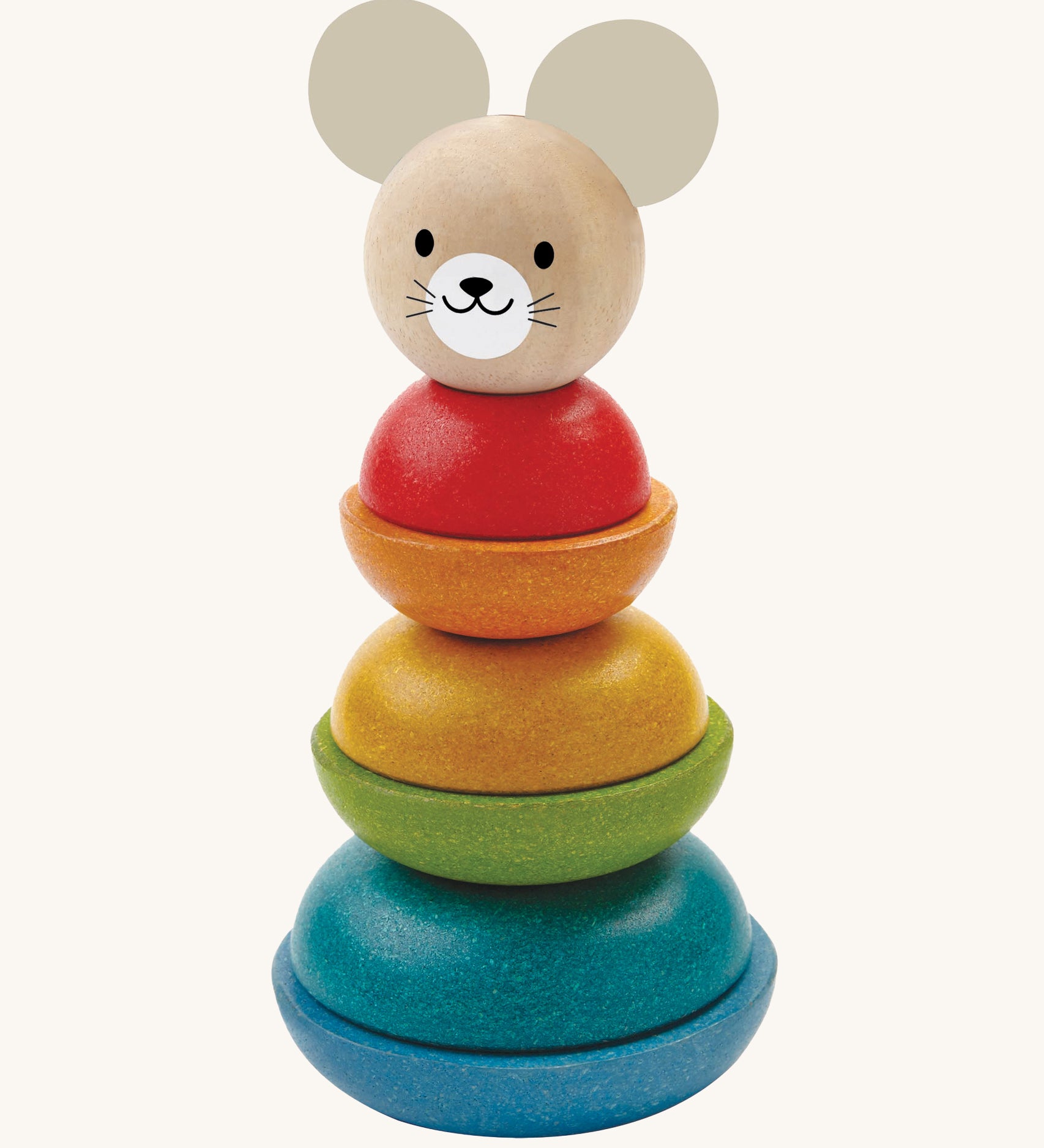 PlanToys Wooden Mouse Stacking Rings Toy on a plain background. 