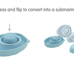 Infographic showing how to turn the PlanToys rubber boat toy into a submarine on a white background