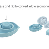 Infographic showing how to turn the PlanToys rubber boat toy into a submarine on a white background