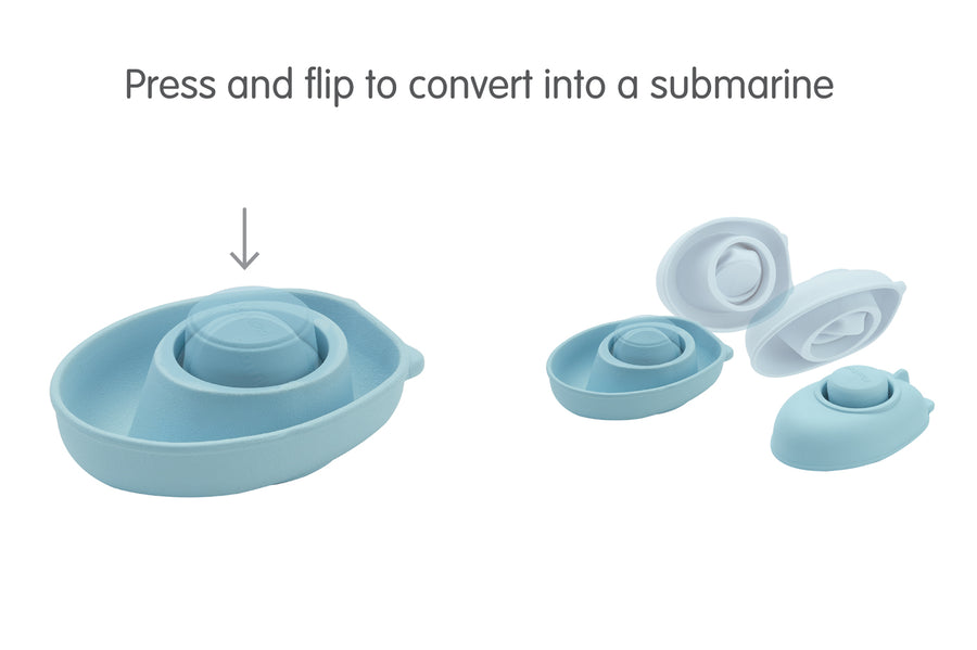 Infographic showing how to turn the PlanToys rubber boat toy into a submarine on a white background